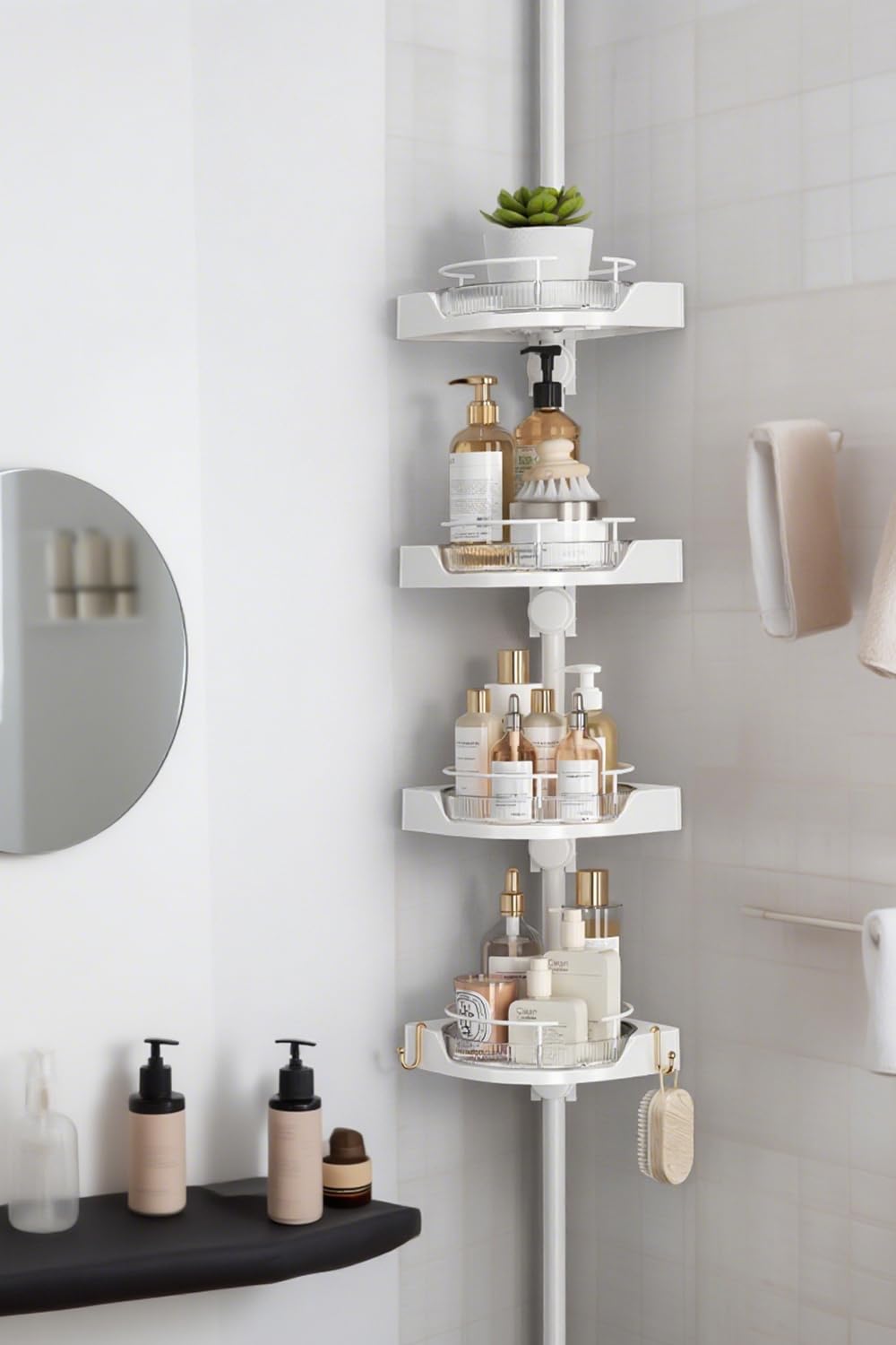 shuang qing 360° Rotating Corner Shower Caddy Tension Pole Organizer - 4-Tier Plastic Shelves with Safety Guardrail, Adjustable Rustproof Bathroom Storage for Shower & Bathtub（White）