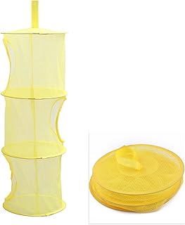 Mesh Hanging Storage Basket With 3 Compartments Foldable Hanging Storage Organizer Net Bag for Toys Storage, Space Saver Sundries Clothes Bra Underwear Socks Drying Basket Laundry Hamper (Yellow)