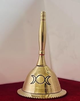 Indian Consigners Hand Bell Loud Brass Call Bells 3 Inches Altar Pendulam Use Triple Moon Gold