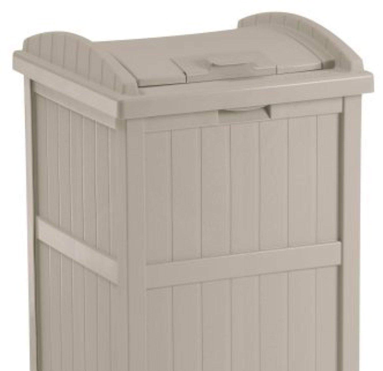 Suncast 2 Pack 33 Gallon Durable Plastic Hideaway Outdoor Garbage Can with Secure Lid and Wicker Design for Home Backyards, 1 Java Brown and 1 Taupe