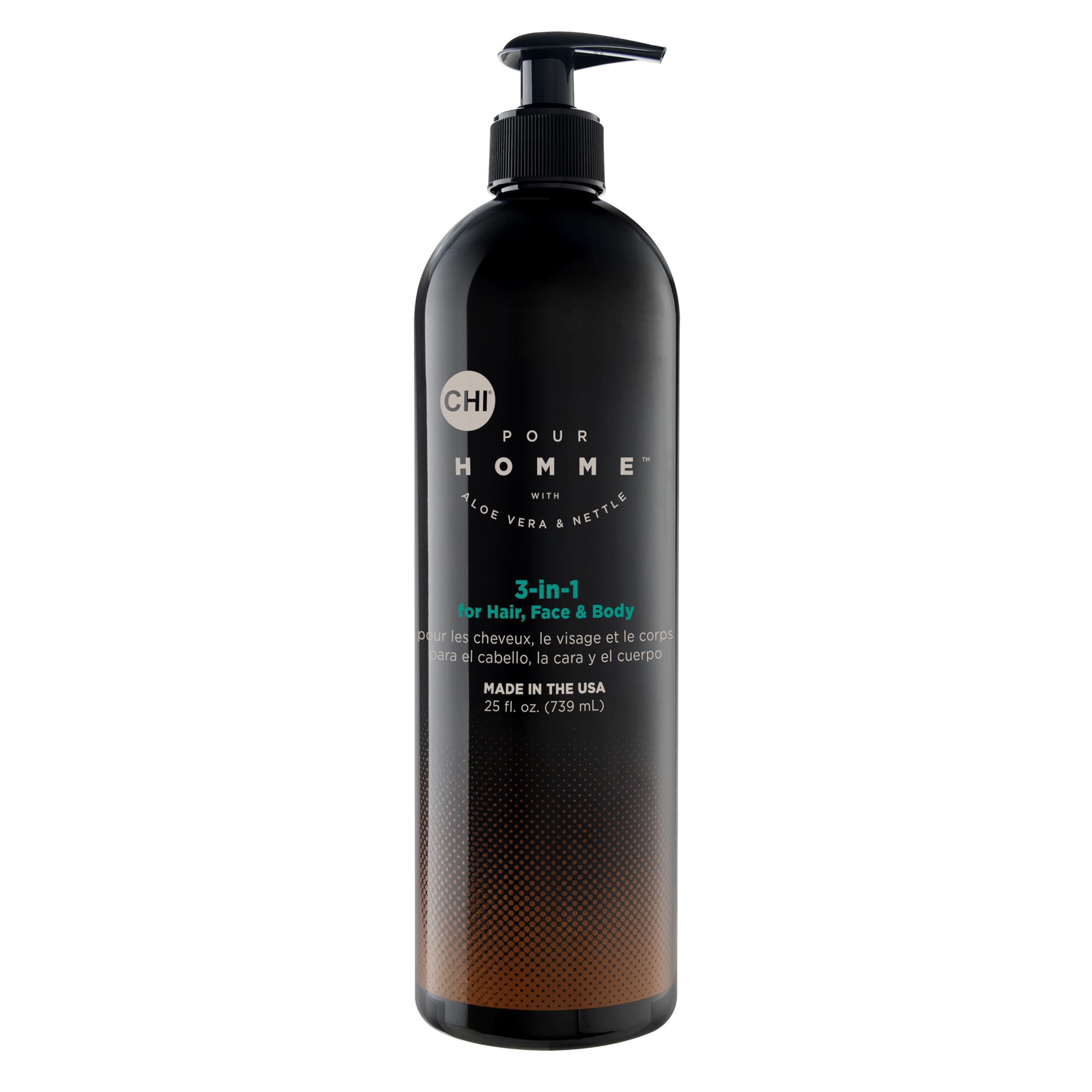 CHI Pour Homme 3-in-1 Hair, Face & Body Wash for Men, Sulfate-Free Cleansing & Moisturizing Shampoo, Fresh Woody Scent, Aloe Vera & Nettle-Infused Grooming Cleanser, 25 oz