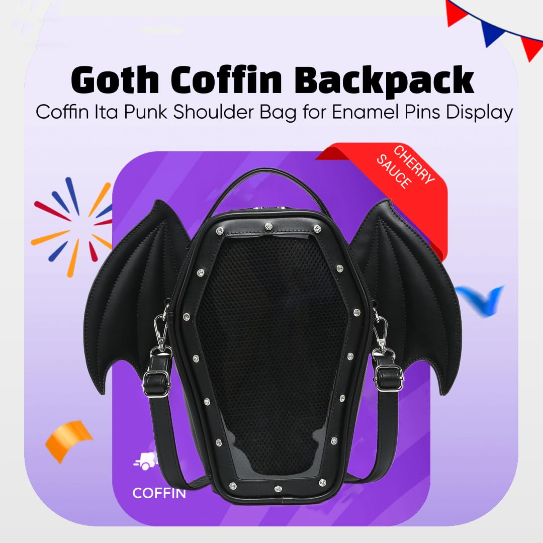 CHERRY SAUCE Gothic Coffin Shape Fashion Ita Bag Backpack Halloween Shoulder Bag, Detachable wings Purses Handbags