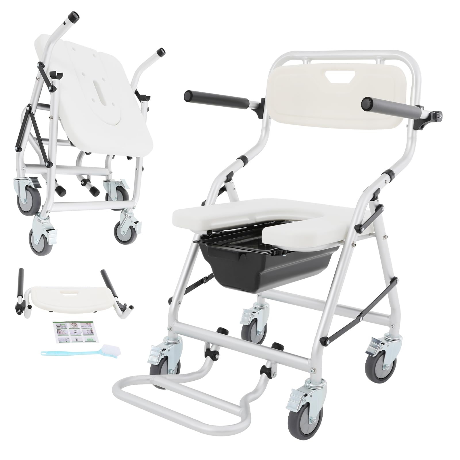 Silla de baño plegable para personas mayores, 50 × 64 × 88 cm, portátil, silla de ducha con ruedas, altura regulable, taburete plegable con asiento y cubo, hasta 150 kg