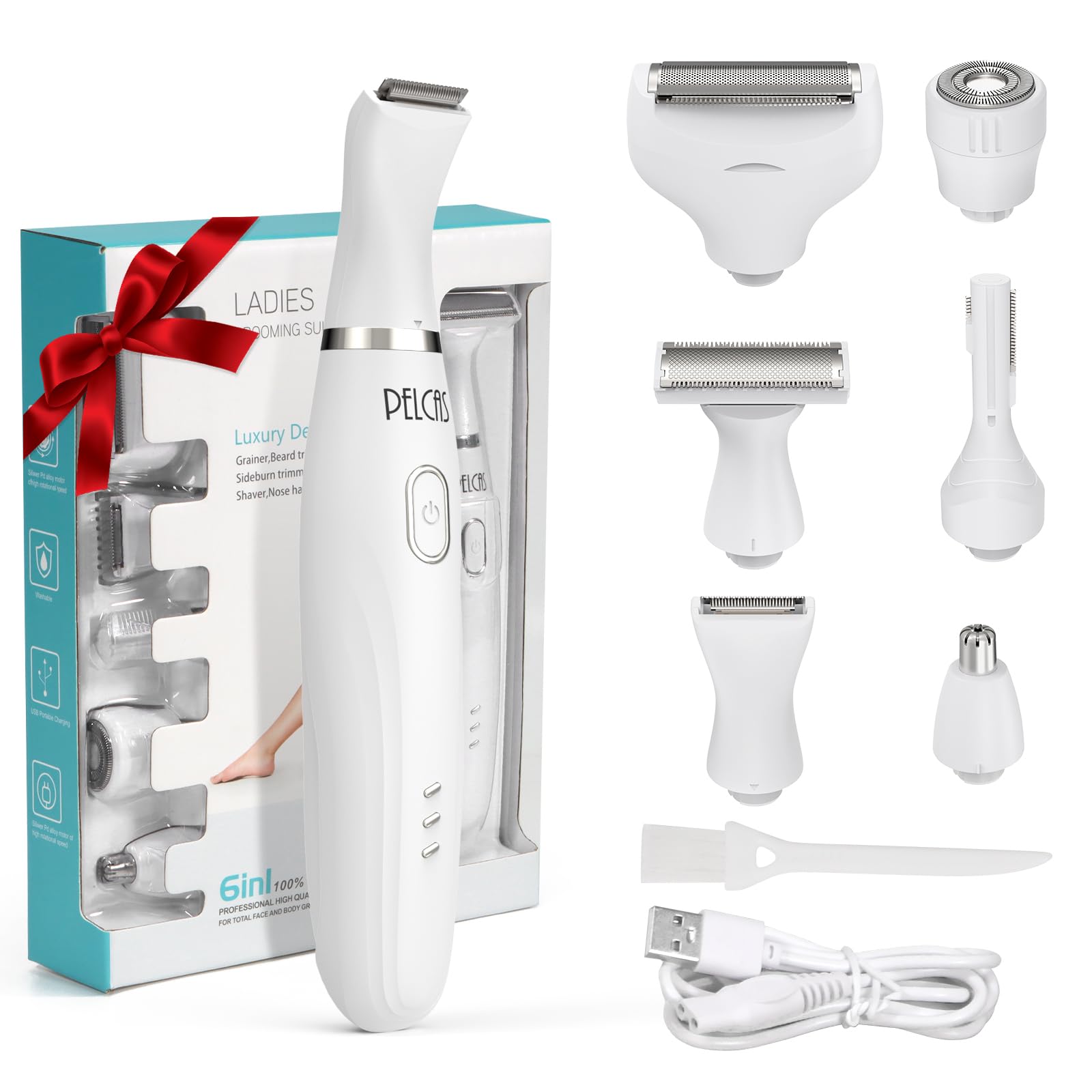 PELCAS Bikini Trimmer for Women Kit 6 in 1 Electric Shaver, Cordless Razors, Nose Hair Trimmer, Shaver for Women & Men Pubic Hair, Private Area, Legs,