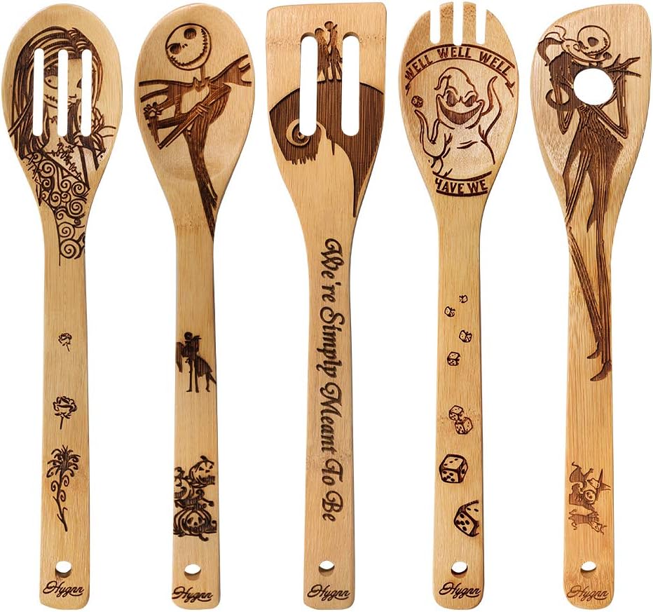 Halloween Idea Utensil Burned Wooden Spoons Set House Warming Wedding Present Slotted Spoon 5 Piece SpoonSet