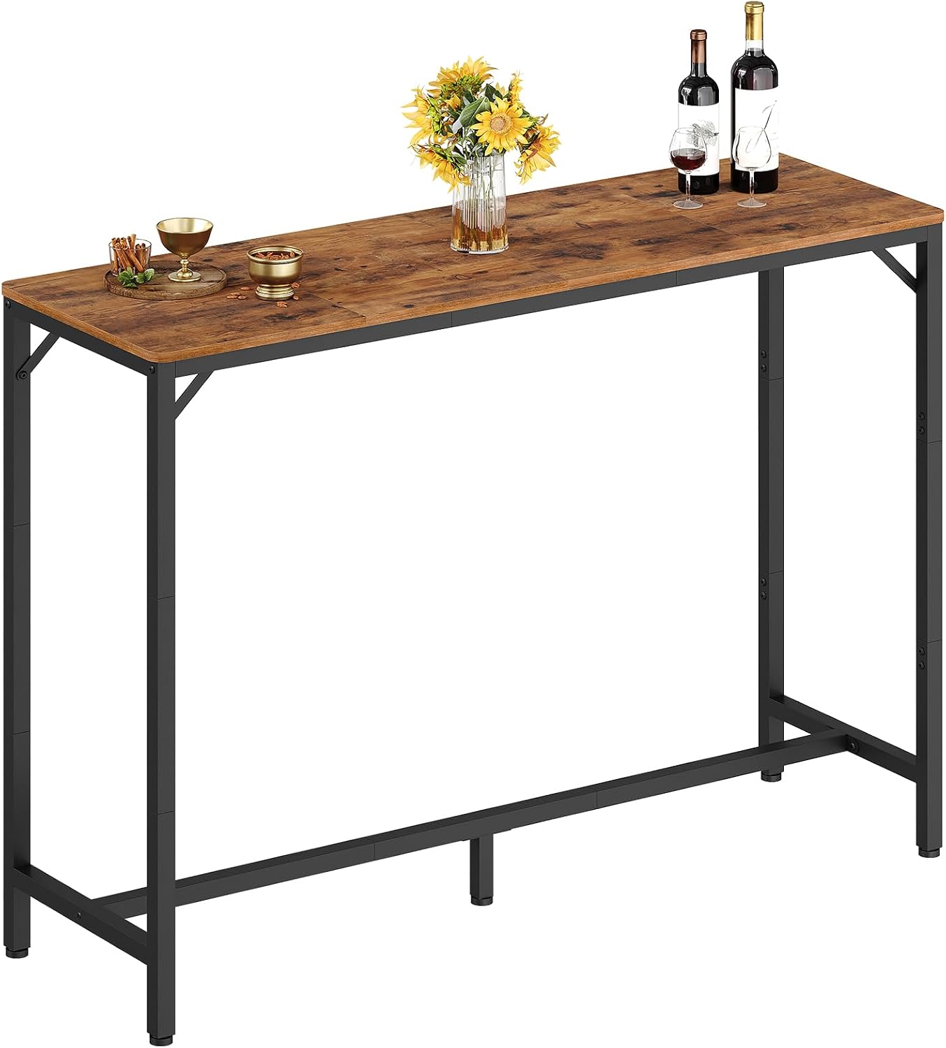 MAHANCRIS Bar Table, 47.2-Inch Counter Height Pub Table, Cocktail Table | Rectangular Bar Table with Metal Frame and Footrest, for Dining Room, Stairwell, Bar, Save Space, Rustic Brown and Black