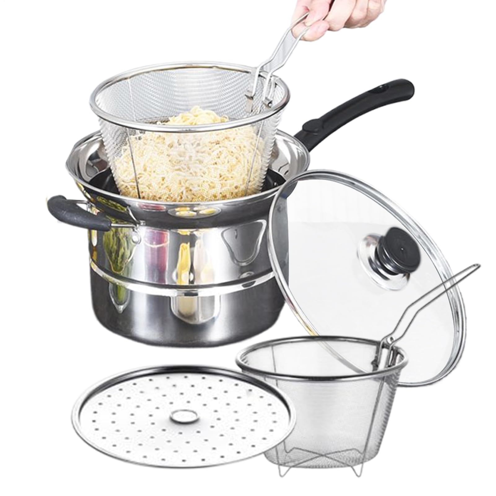 Casserole à frire anti projection avec son panier tamis en inox
