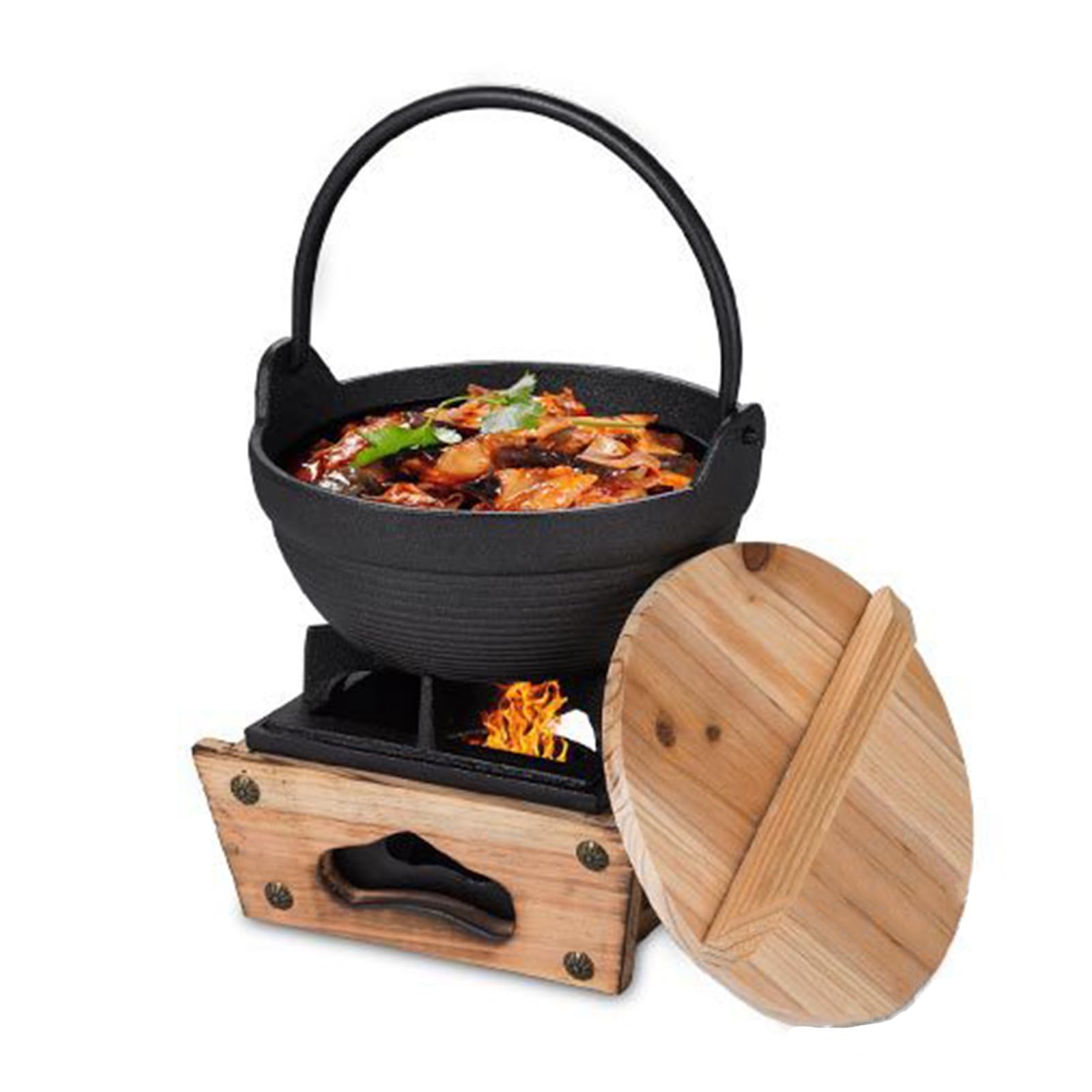 Yiustldd Cast Iron Pot - Japanese Style Sukiyaki Nabe Hot Pot with Wooden Lid And Alcohol Stove for Individual Nabe Shabu Pot Bbq Home Travel