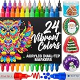 ARTISTRO 24 Acrylic Paint Markers for Rock, Fabric, Wood, Glass, Craft, Decoration - Dual-Tip Paint Pens - Stocking Stuffers, Christmas Gift Idea for Teens, Grandkids, Kids - Art Supplies