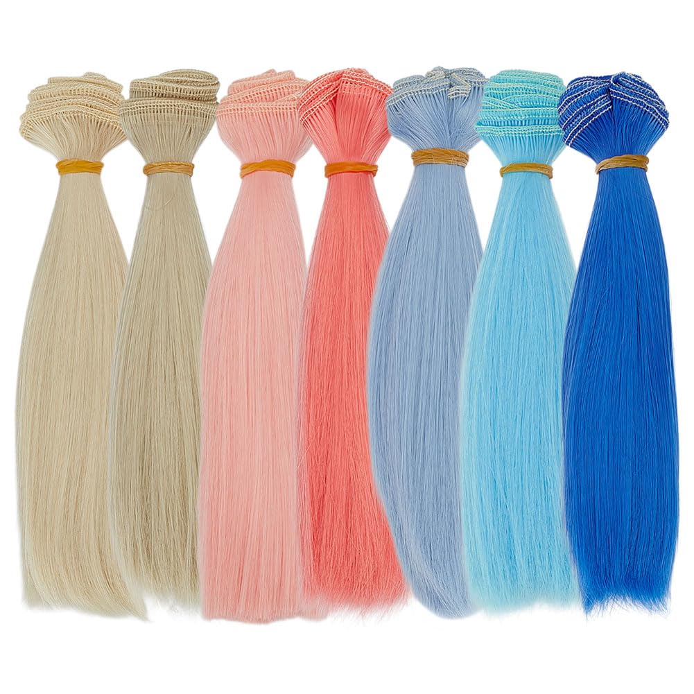 CRAFTYMELODY 7 Pcs Wig 7 Color 5.91 Inch Straight Wigs Long Hair Extension Red Pink Blue Purple Yellow for Making Kit Arts Supplies DIY Handmade Crafts