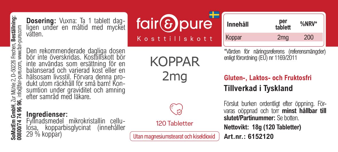 Fair & Pure® - Rame bisglicinato 2mg - Integratore di rame - Buona disponibilità biologica - Vegan - 120 Compresse