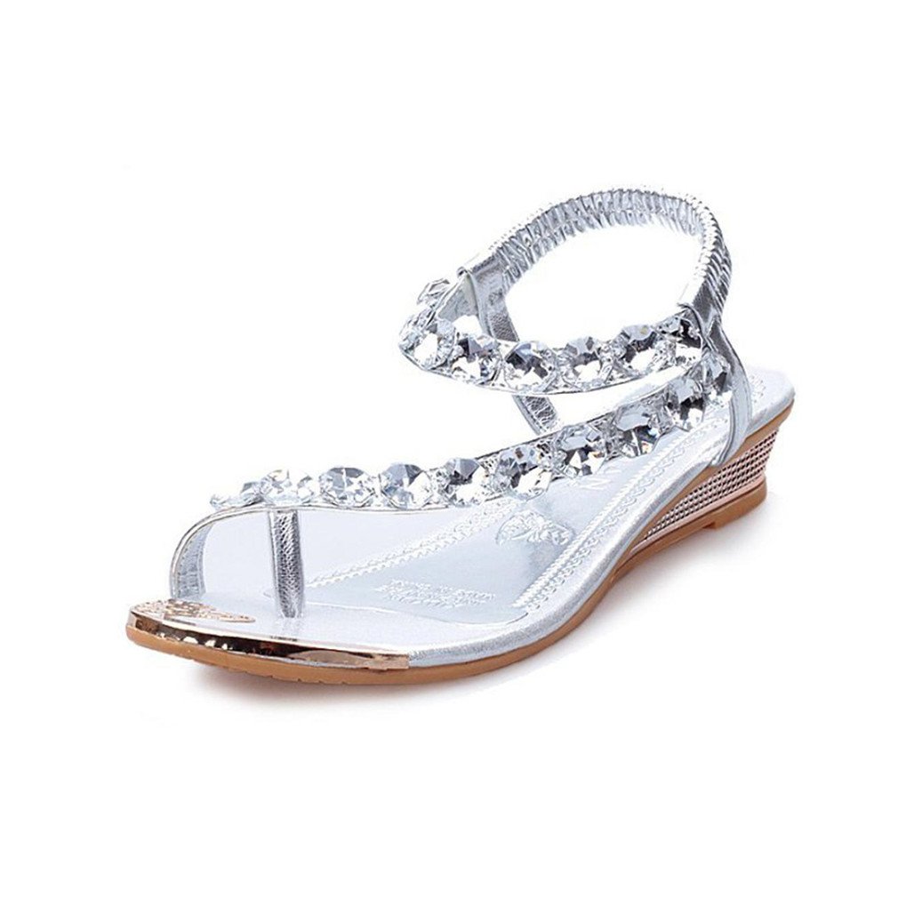 Koly Women Summer Bohemia Sweet Flower Beads Flip-Flop Shoes Flat Sandals Beach Shoes