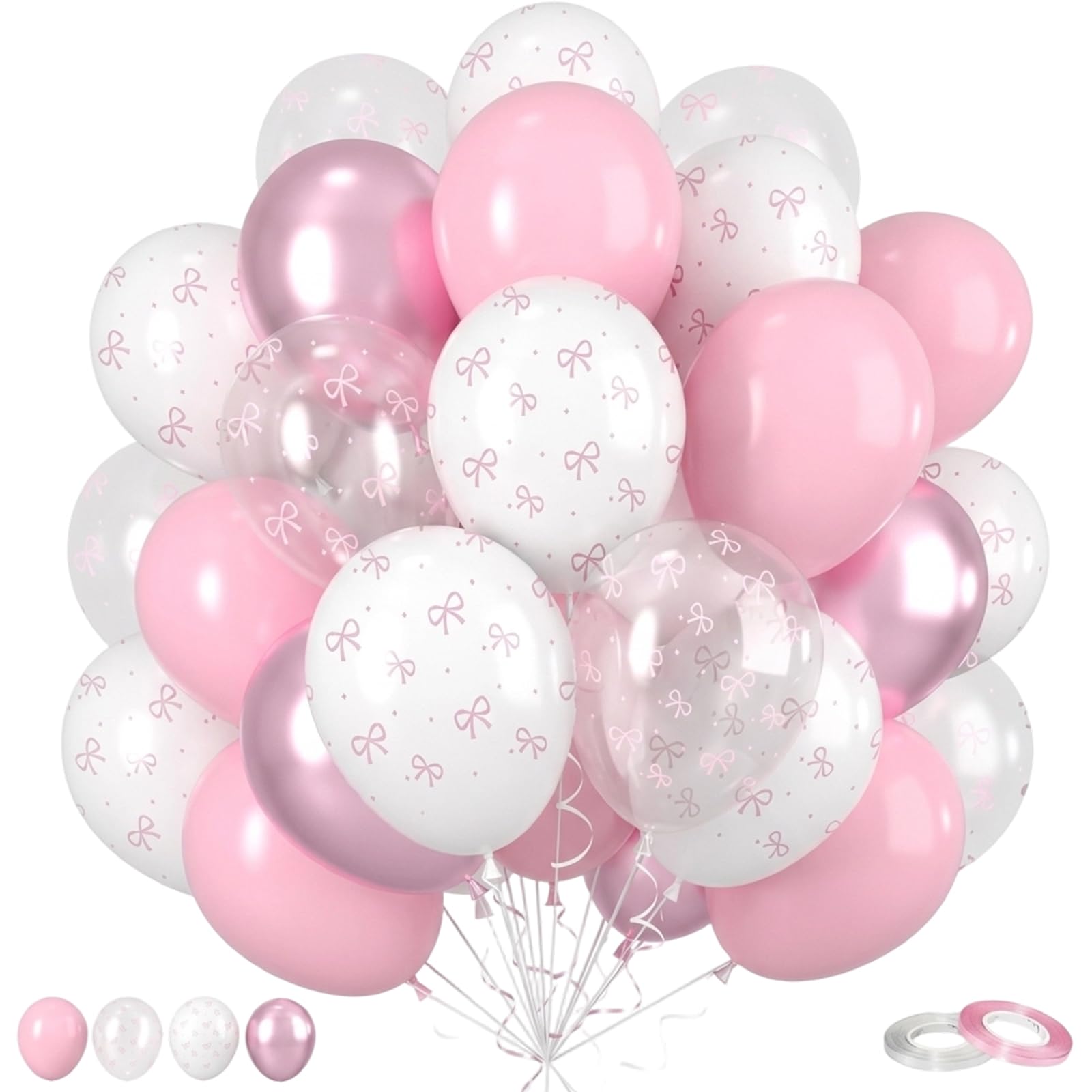 50 PCS Bow Balloons Set, Pink and White Balloons for Party Decorations, Create Balloon Arches for Celebrations, 12-Inch Latex Balloons with Bow Designs
