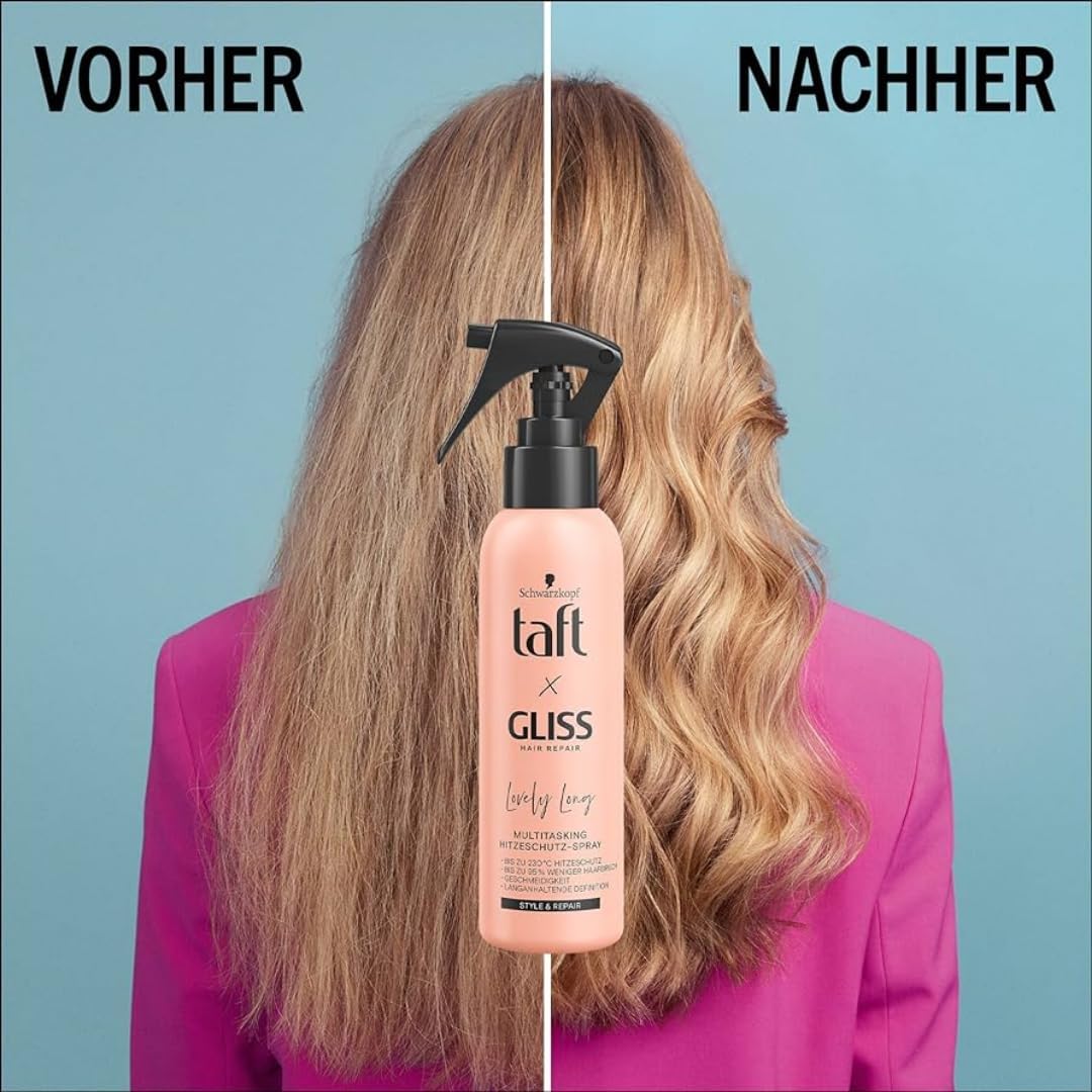 Mit Pufai Grocery, Taft Gliss Multitasking Hitzeschutz-Spray Haarspray Lovely Long 150 Mililiter x 10 Stück
