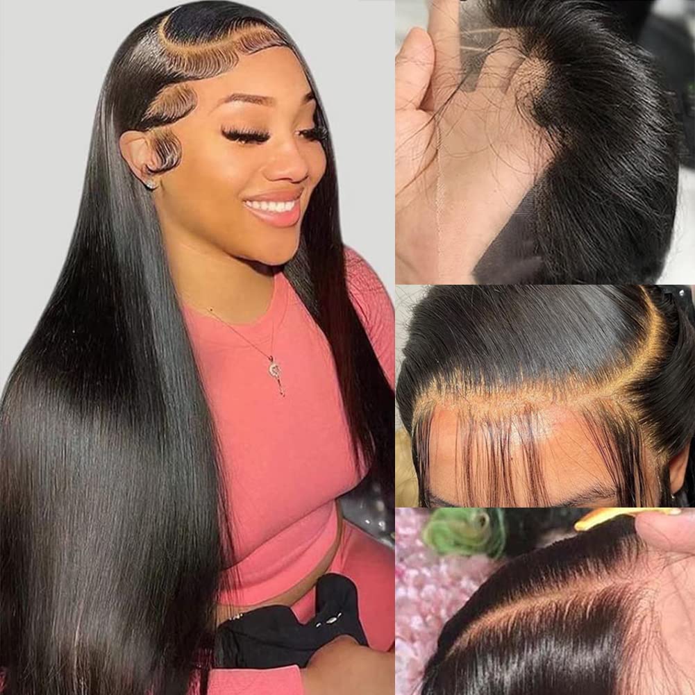 Lace Front Wigs Straight 13x4 HD Lace Frontal Wigs Pre Plucked With Baby Hair Bleached Knots 180% Density for Black Women Glueless Brazilian Virgin Human Hair Wigs (30 Inch)