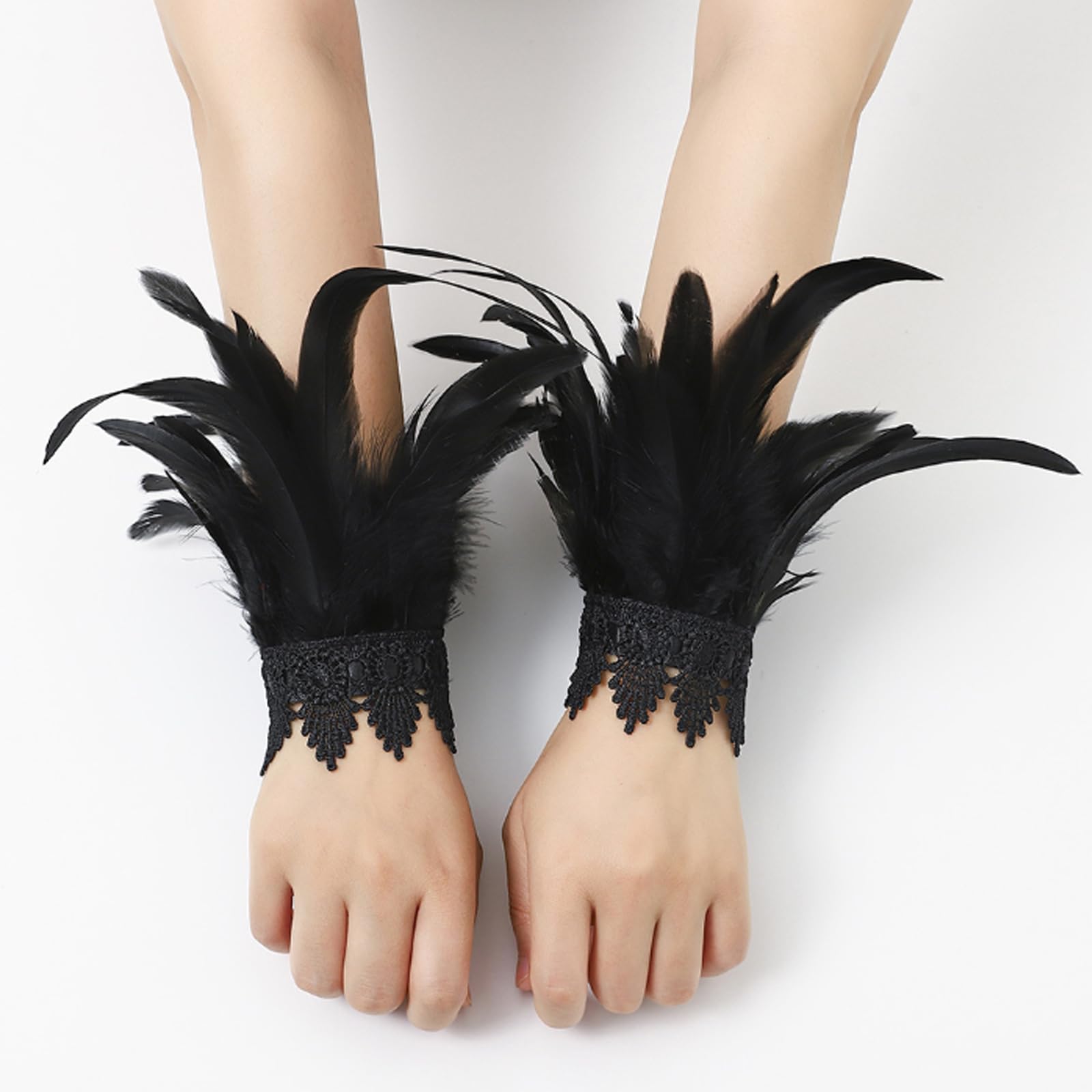 MUNSKT Halloween Carnival Outfits Women Natural Feather Cape with Wristband Costume Gothic Lacing Shawl Shrug Collar Feather Cape for Halloween Cosplay Christmas Party Gift (Black) - Image 2
