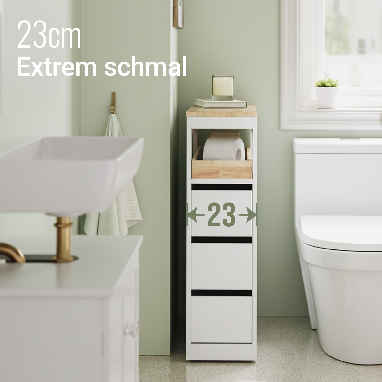 SoBuy Badezimmerschrank Schmal Badschrank mit 3 Schubladen Nischenschrank Holz für kleine Bäder WC & Küche Toilettenschrank Beistellschrank, Weiß 65x23x82cm BZR54-II-W
