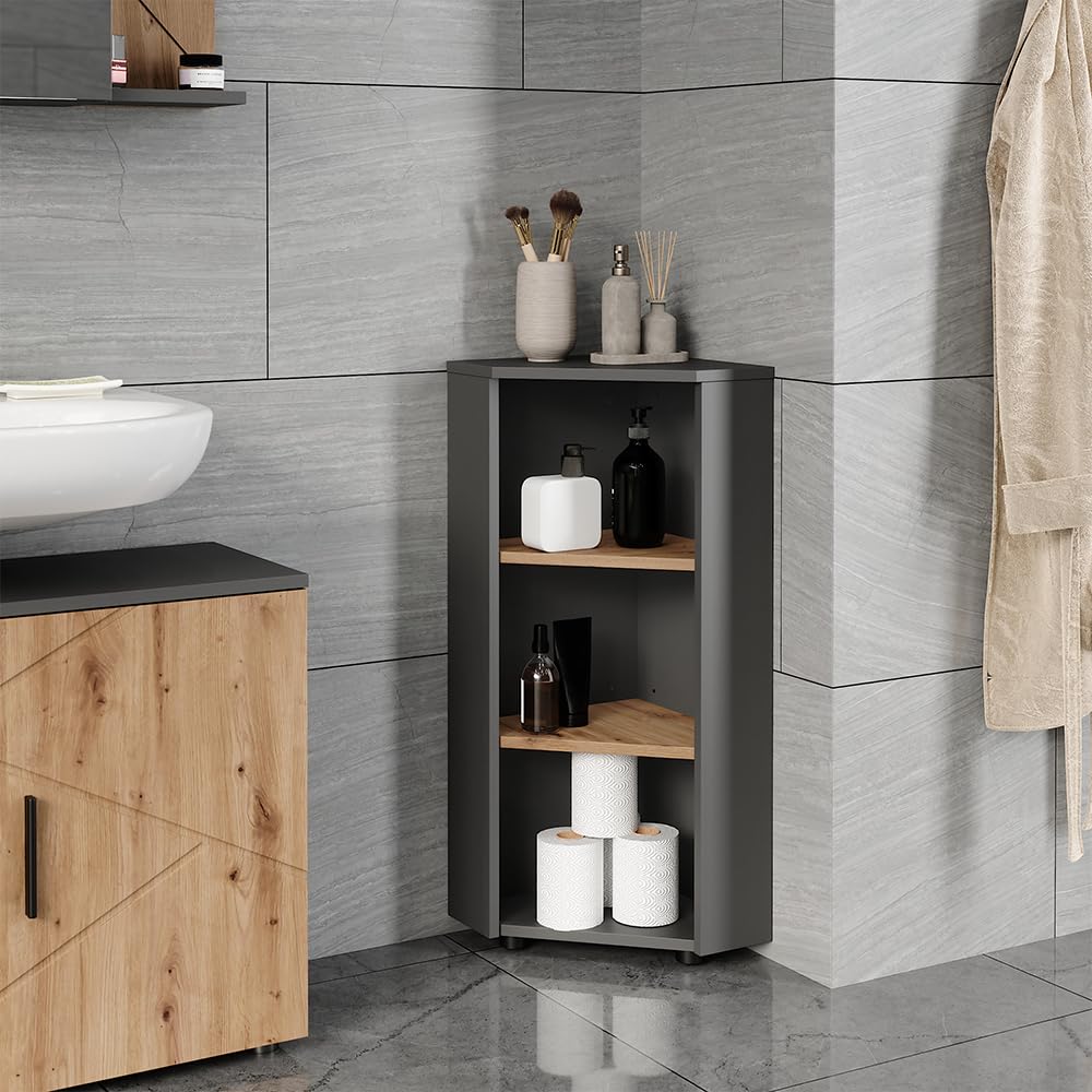 Vicco Mobiletto angolare Irma, Antracite/Rovere dorato, 33 x 81 cm 3 vani portaoggetti, per una conservazione salvaspazio negli angoli della stanza