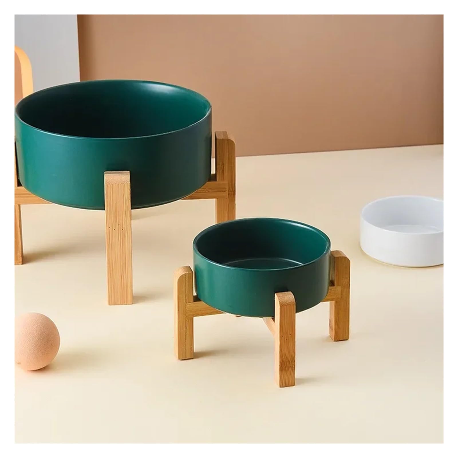 1500ml miska dla dużych psów podwójna ceramiczna podwyższona karma dla zwierząt domowych małe średnie duże artykuły do ​​karmienia psów z drewnianym stojakiem(Green,15.5cm 850ML)