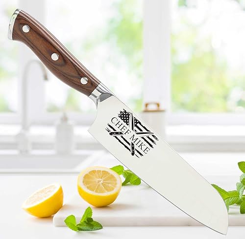 Cuchillo de cocina Santoku de acero inoxidable personalizable con grabado láser para él, regalos de inauguración de la casa, juego de regalo de
