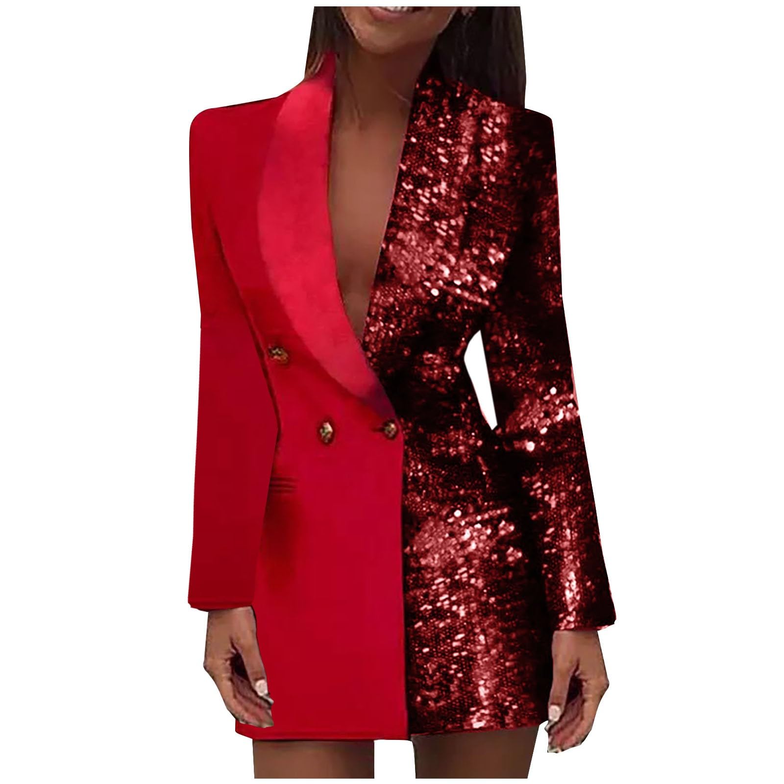 Double Breasted Sequins Blazer Dress for Women Sexy Color Block Long Blazers Jackets Formal Evening Party Club Outfit