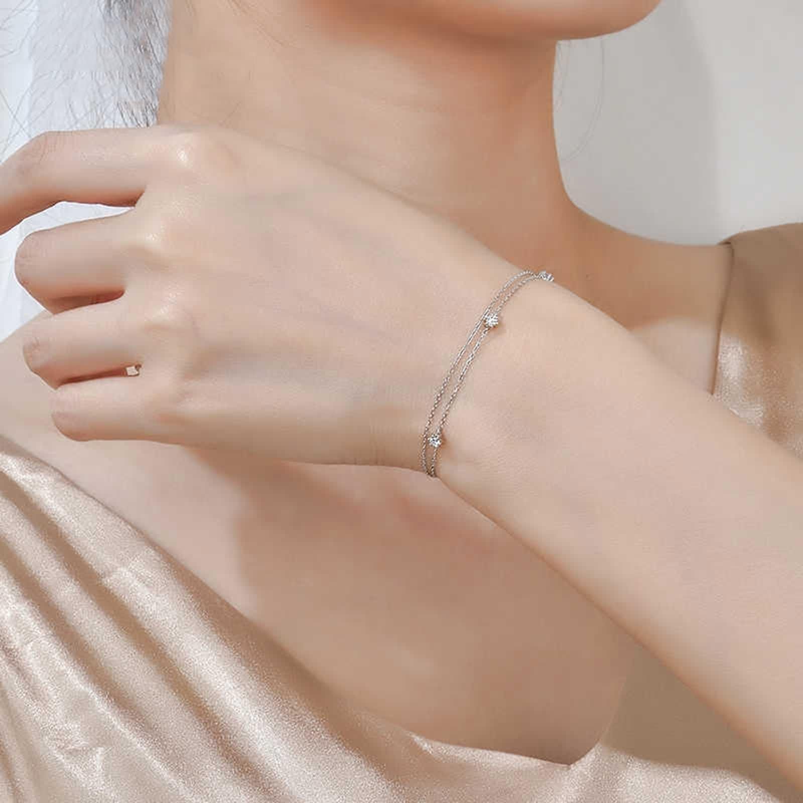 Pulsera de cadena para mujer, pulsera de cadena con diamantes blancos de 0,15 quilates, doble capa, joyería redonda de oro blanco
