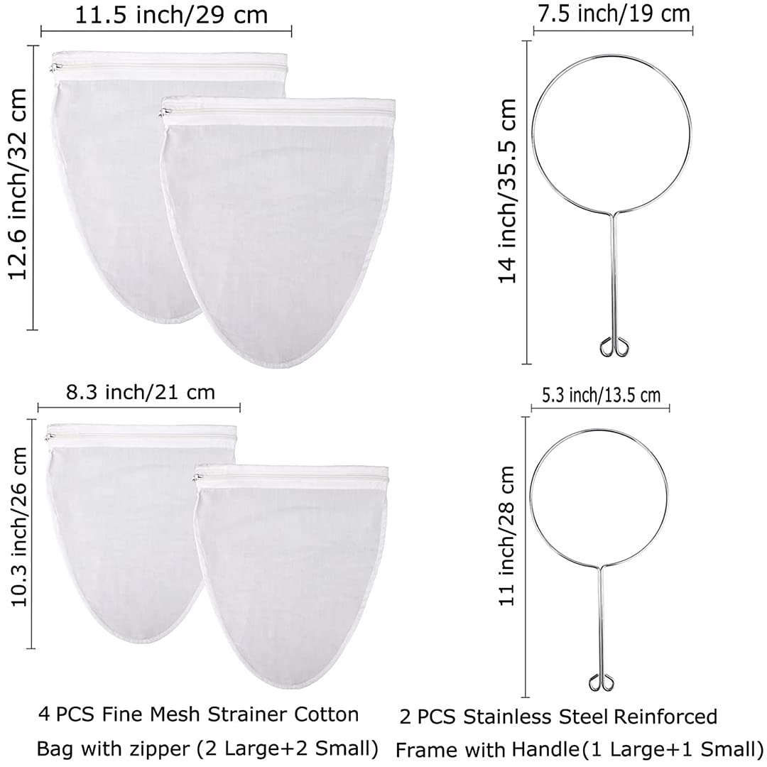 4Pcs Fine Mesh Strainer Bag, Reusable Food Filter Bag with Handle for Filter Honey, Coffee, Milk, Juice, Fruit Wine (Medium + Small)