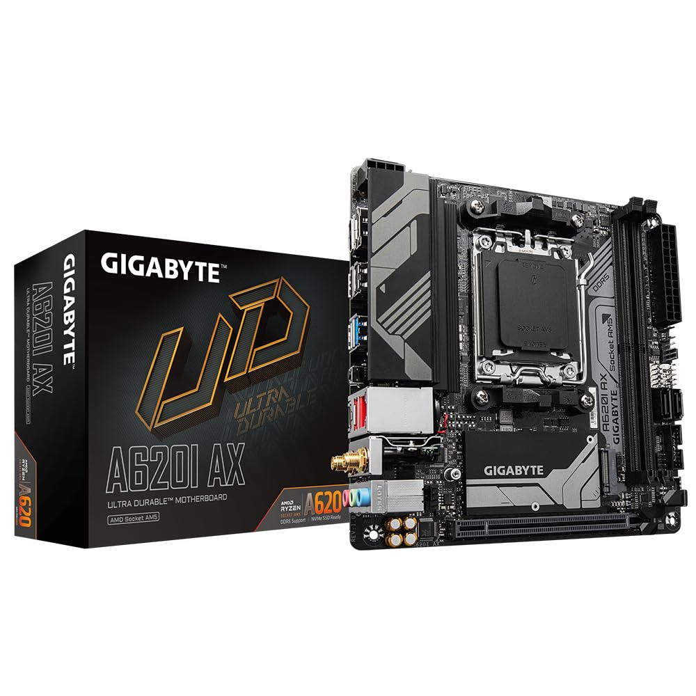Gigabyte A620I AX Motherboard - Supports AMD Ryzen 8000 CPUs, 5+2+1 Phases Digital VRM, up to 6400MHz DDR5 (OC), 1xPCIe 4.0 M.2, Wi-Fi 6E, 2.5GbE LAN, USB 3.2 Gen 2