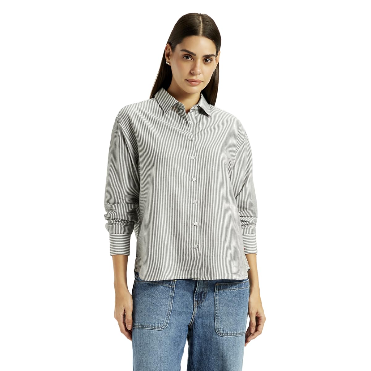 Levi's Women's Striped Grey Slim Fit Shirt in grey