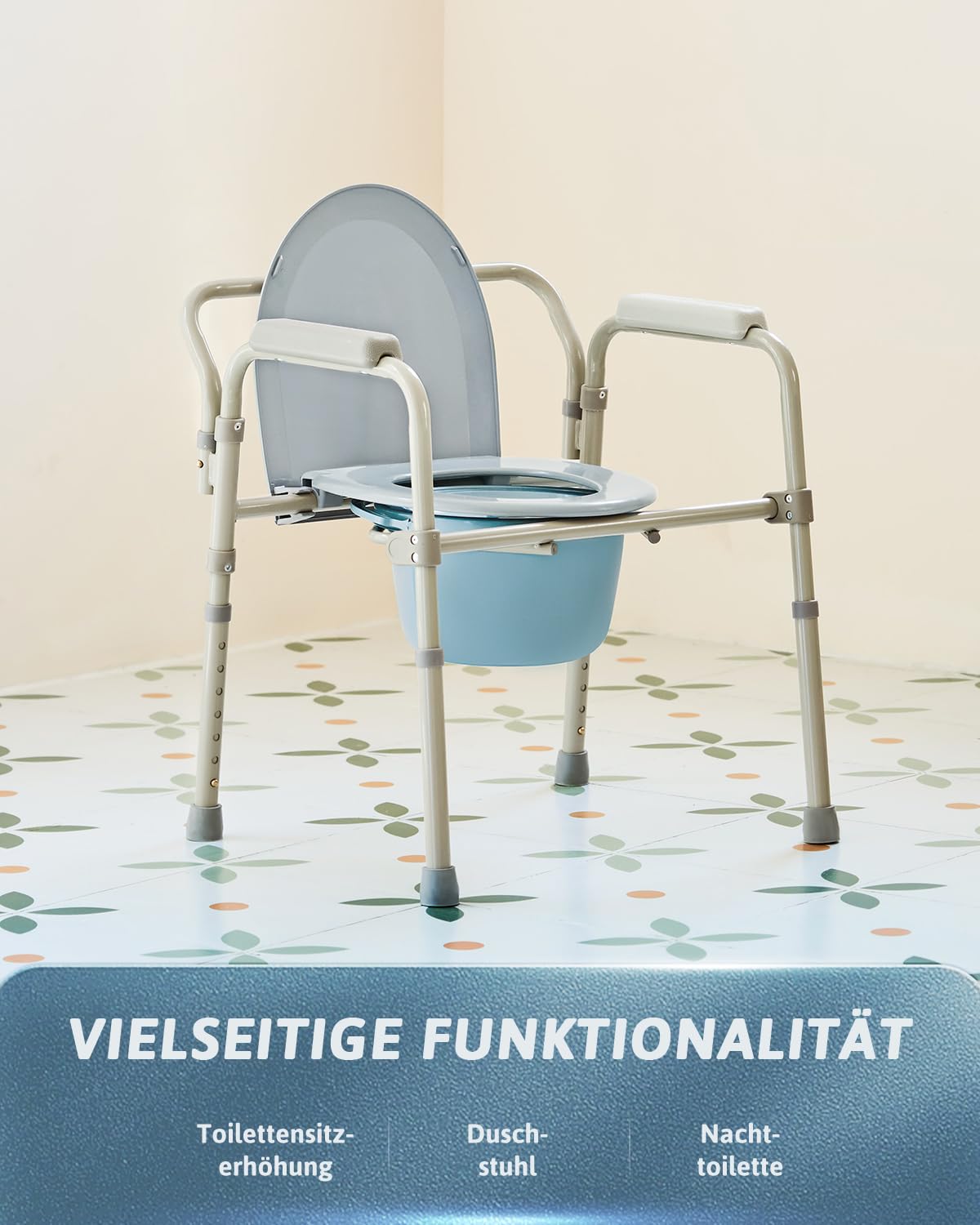 Toilettenstuhl für Senioren 135kg Faltbar Nachtstuhl mit Armlehne Hygienischer Toilettenstuhl Toilettenhilfe WC Stuhl Höhenverstellbar Stuhl für Toilette mit herausnehmbarer Eimer