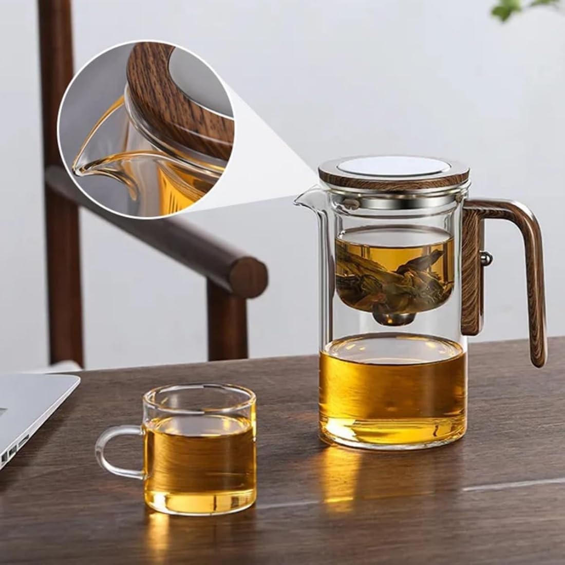 Wassertrennende Glasteekanne mit Holzgriff, 2026 Neu Teapot, Teekanne mit Siebeinsatz Glas Holzdeckel, Drucksteuerung, Hohe Temperaturbeständigkeit, Das Leben Genießen und Entspannen(A-4,800ML)