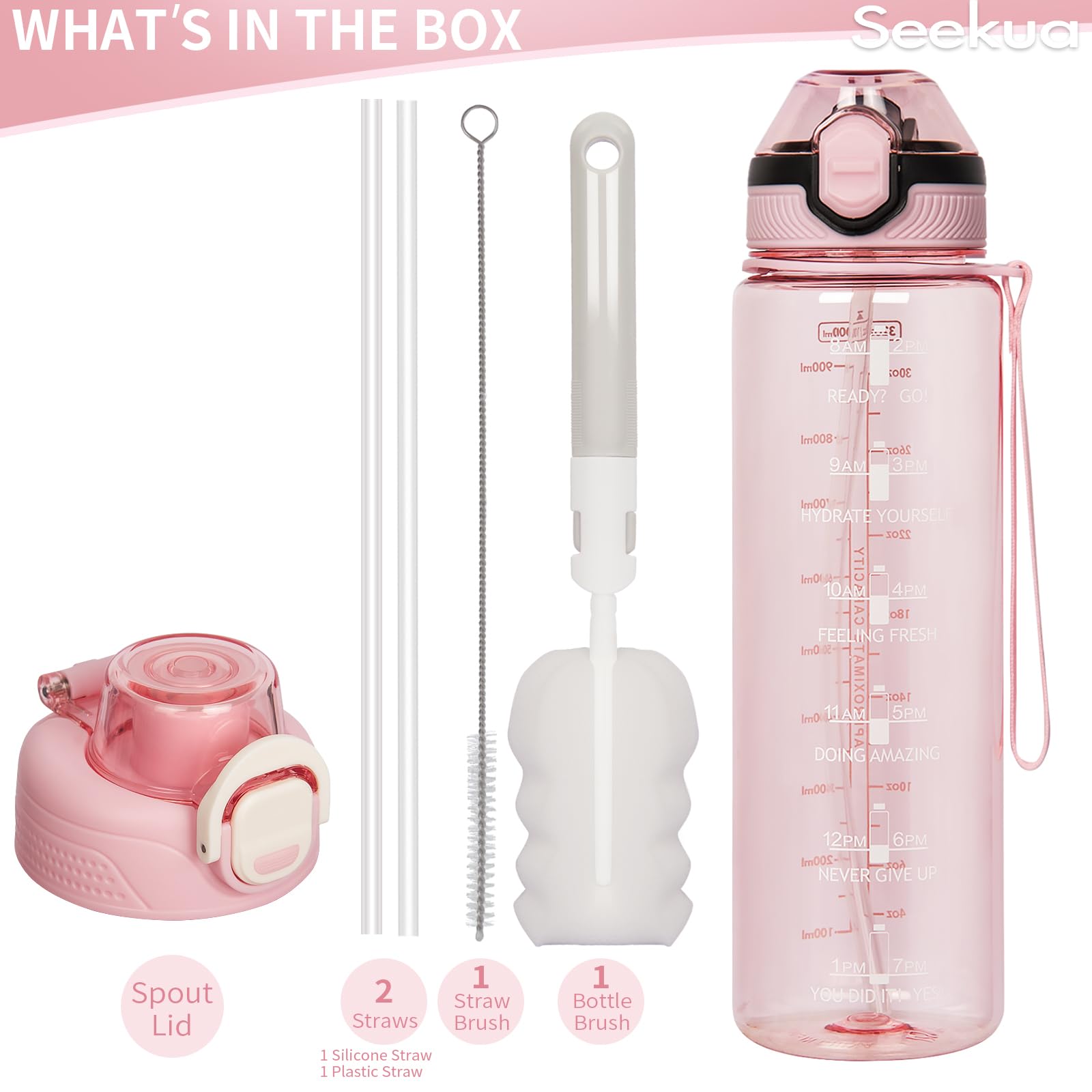 Seekua Sportiva Borraccia Motivazionale 0.6l / 1l / 2l con Cannuccia & Orari per Bere Bottiglia Acqua Tritan per Bici, Palestra, Sport, 2 Coperchi, 1 litro