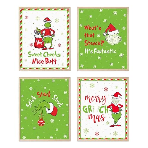 Funny Christmas Decorations, Novelty Christmas Posters for Home Wall Decor, Set of 4 Xmas Wall Art Prints for Bedroom Bathroom Decor Party Supplies, White Elephant Gag Gifts, 8x10 inch, Unframed
