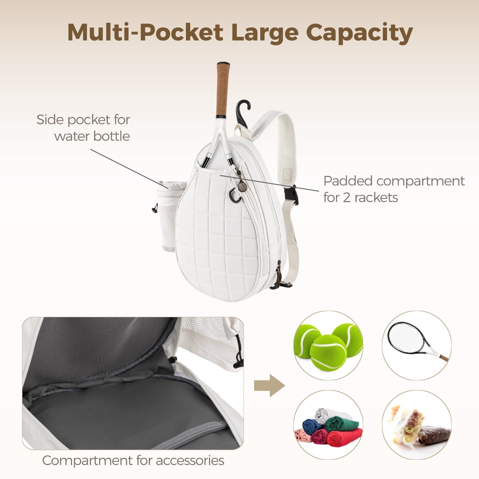 Zaino da tennis per 2 racchette, borsa sportiva impermeabile con design a tracolla, tasche multiple per attrezzi
