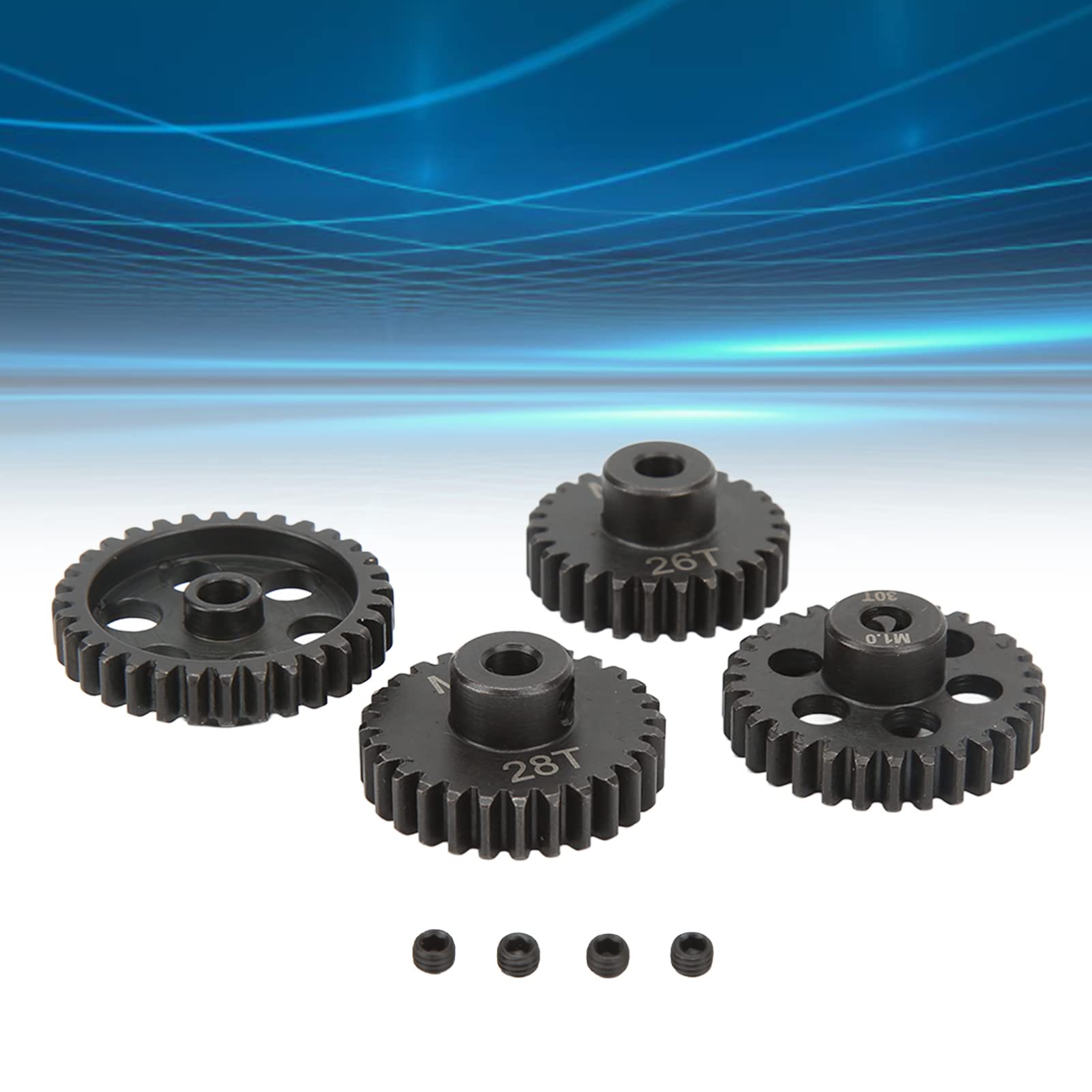 RiToEasysports Lot De 4 Pignons Moteur RC 26T/28T/30T/32T – 25DP M1 Métal, Arbre 5 Mm – Pour Voiture 1/8, Vis De Réglage Incluses