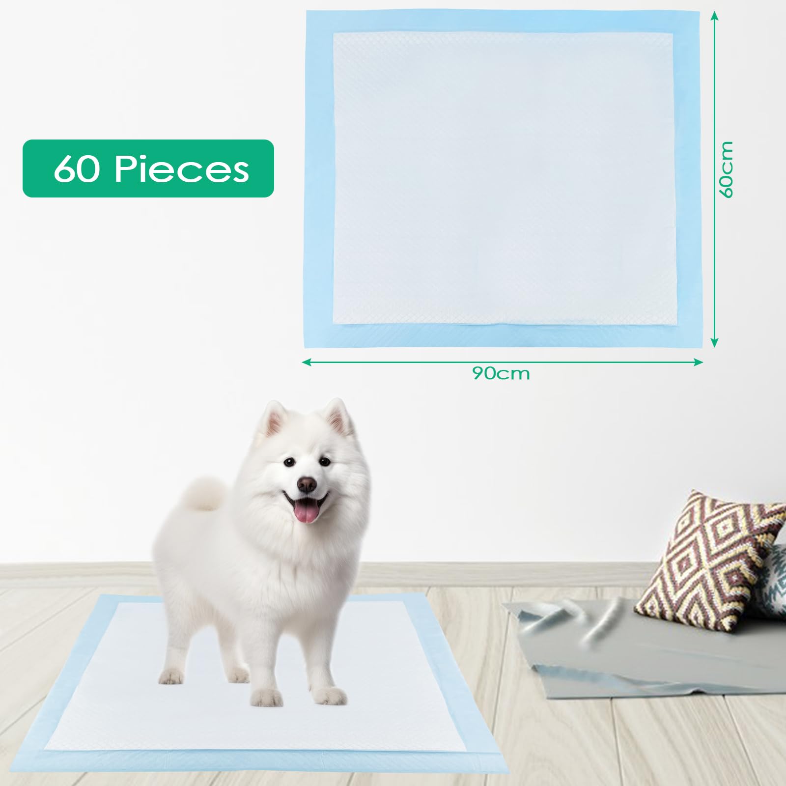 60 Unidades Empapadores Perros, 60 x 90 cm Alfombrillas Higiénica Desechables para Mascotas, Diseño de 5 Capas a Prueba de Fugas con Superficie de Secado Rápido, Transpirables Resistente