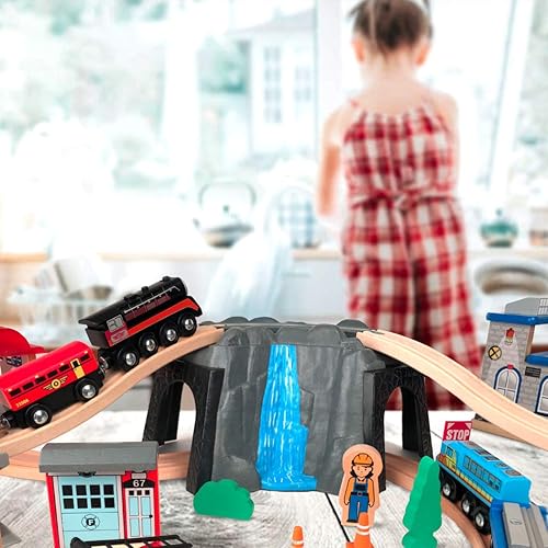 Miniatura 4 de Maxim - Juego de 100 piezas de tren de madera de montaña con casa redonda para niños pequeños con pistas de tren de doble cara para Brio Thomas
