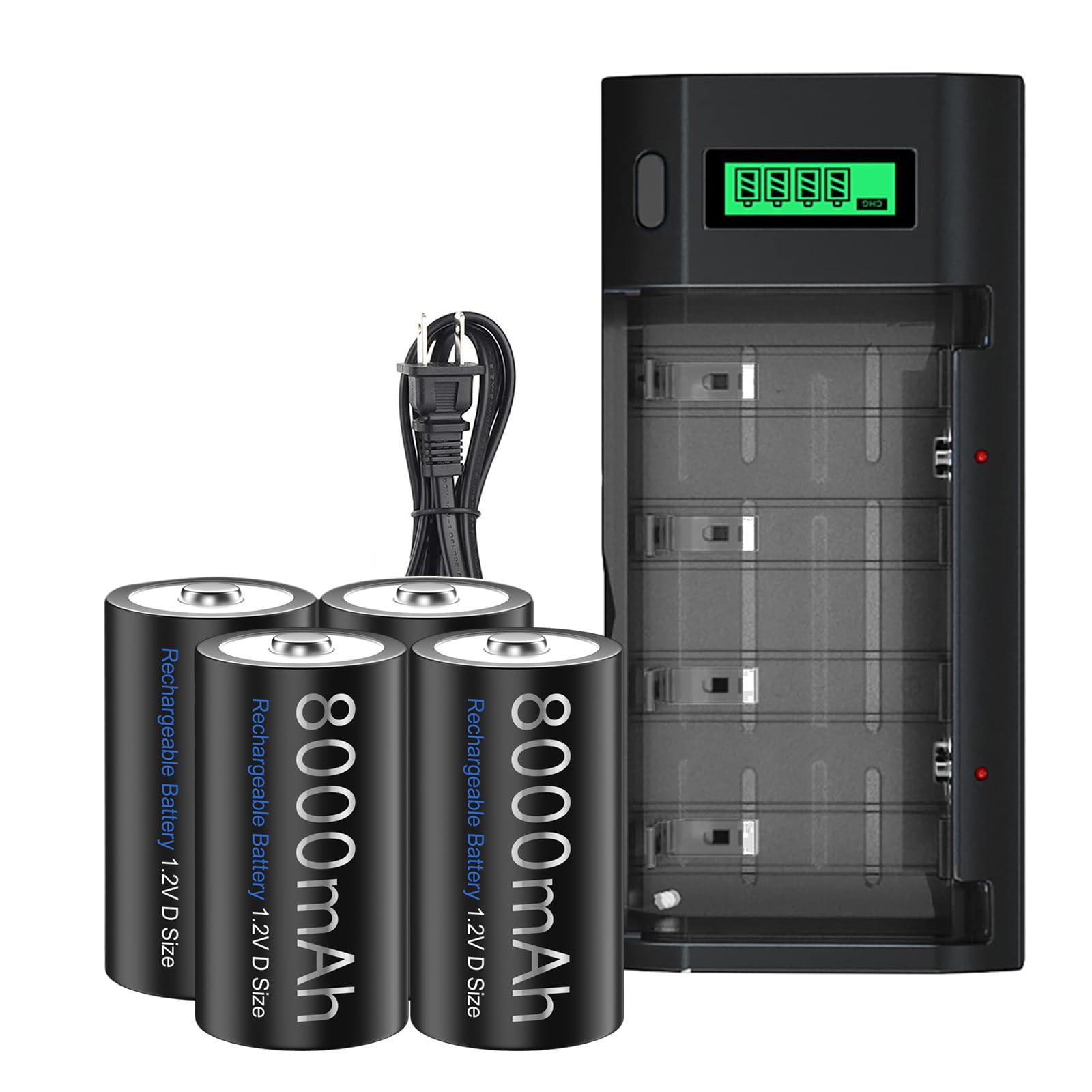 Rechargeable D Batteries with Charger, Universal Battery Charger for AA AAA 9V D C Rechargeable Battery Cell with 4 Pack NiMH D Size Rechargeable Batteries