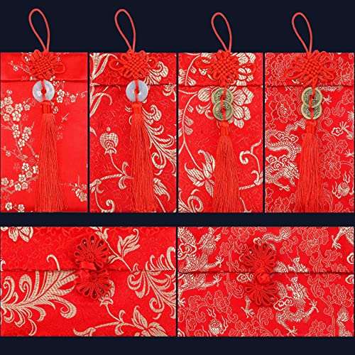 Enveloppe rouge en soie brodée style classique chic pour Nouvel An chinois x6
