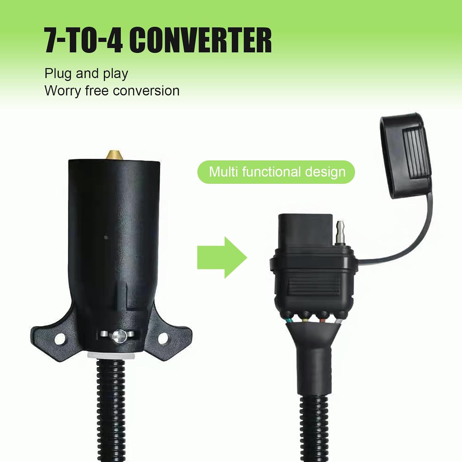 7 Pin to 4 Pin Trailer Adapter, Flat 7-way to 4-way Wiring Converter with Waterproof Cover, Plug and Play Trailer Light Pigtail Adapter, Plug Cord Accessory for RVs Trailers (Black)