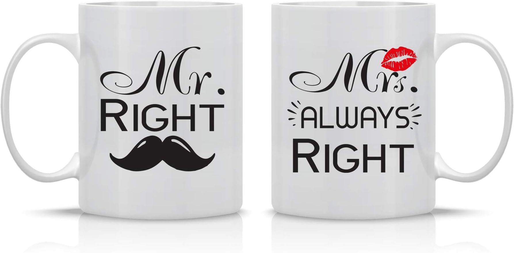 Funnwear Mr. Right Mrs. Always Right - Wedding for Couple - 11oz Ceramic Mug Set Unique Wedding Bachelorette For Bride and Groom - His and Hers Anniversary Husband and Wife - Engagement