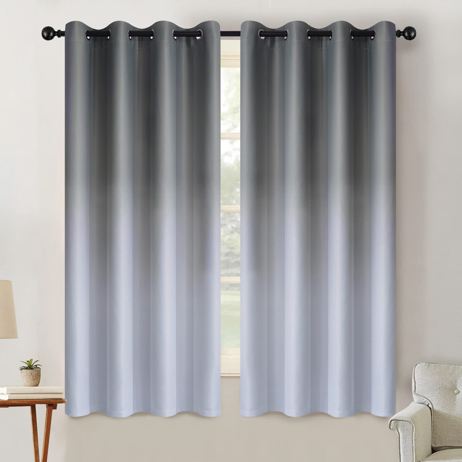 SimpleHome Ombre Room Darkening Curtains 160 cm Long for Bedroom Gradient Grey White to Grey Light Blocking Thermal Insulated Eyelet Curtains 2 Panels 52 x 63 Inch — image 1