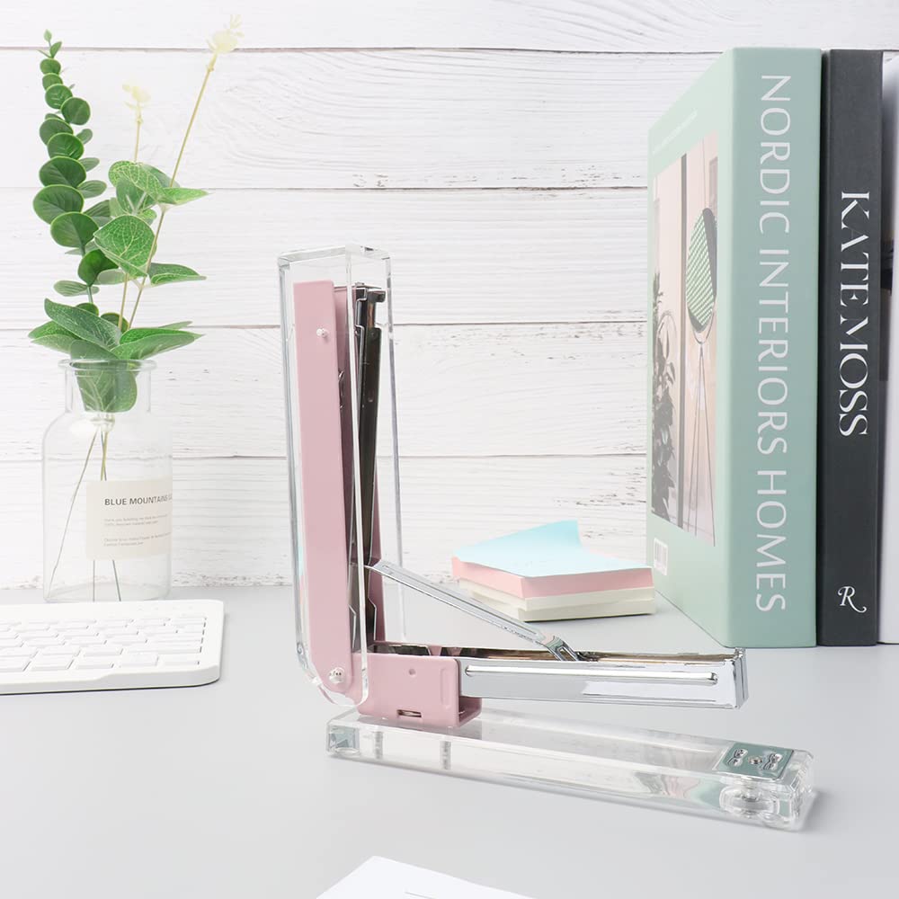 Clear Acrylic Desk Stapler - Pink, Non-Slip Base, Holds 15-20 Sheets, No-Jam Design For Office & Home