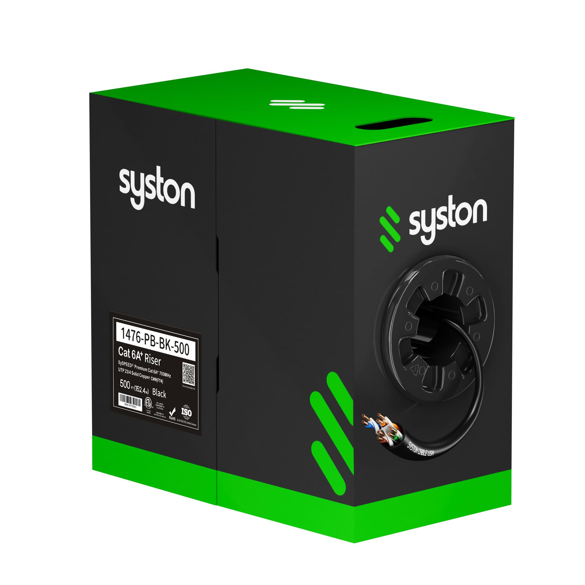 Syston Cable Technology Cat 6A+ Ethernet Network Cable,700MHz 23AWG Solid Bare Copper Wire Outdoor/Indoor, No Ends 100/250/500/1000 Ft Available, Heat Resistant Riser Rated (500 FT, CMR, Black-CMR)