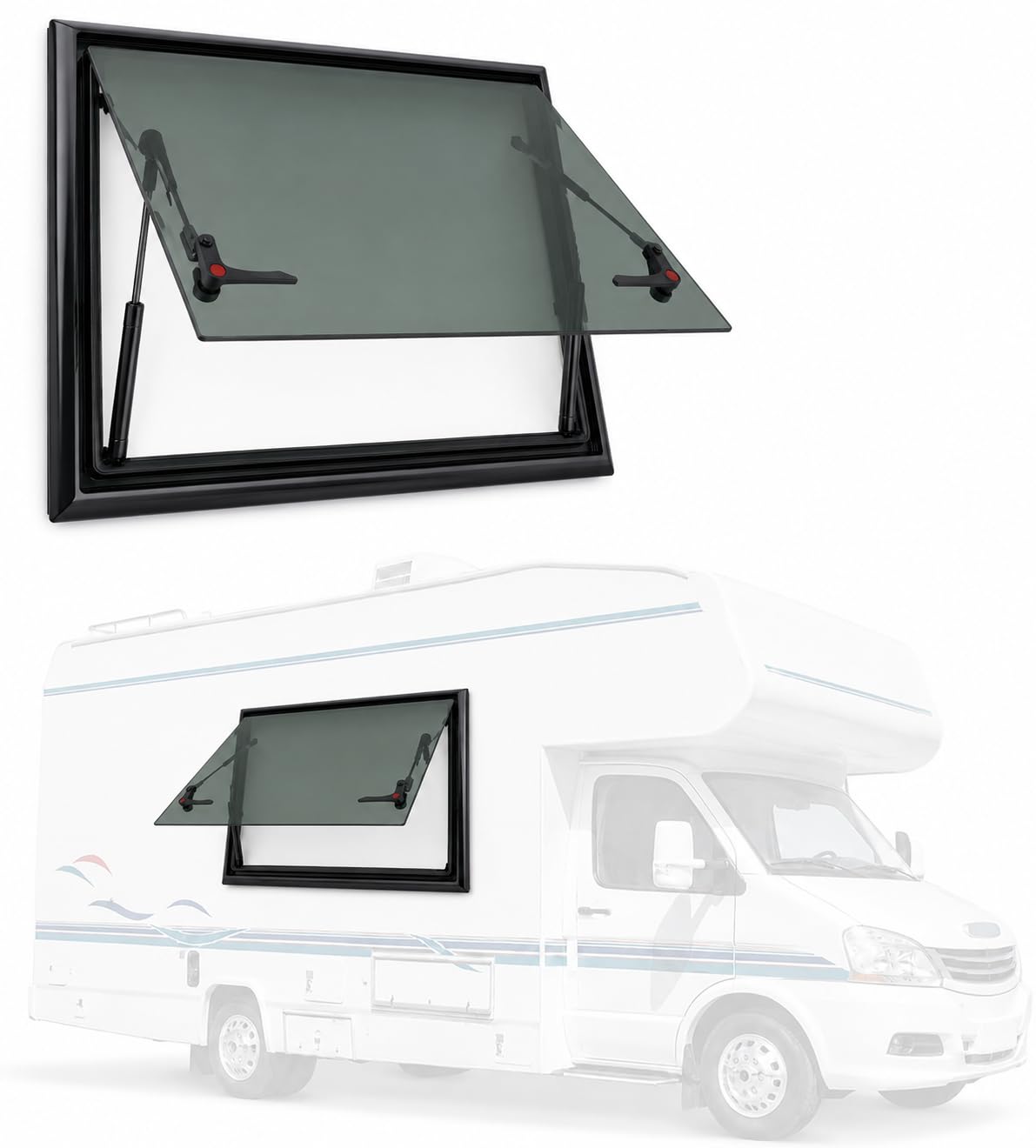 Wohnmobilfenster Ausstellfenster 50x35 cm, Wohnwagen Fenster mit Fliegengitter und Sonnenschutz, 85° Camper Fenster Seitenfenster aus gehärtetem Glas, Caravan Ersatzfenster für Wohnmobil Van Kastenwag