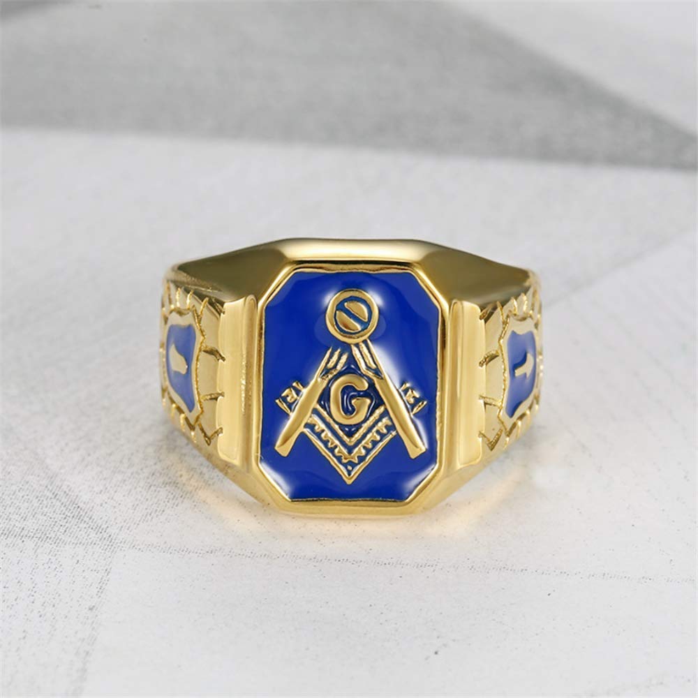 Anillos masónicos de acero inoxidable chapados en oro para hombre, con símbolo masónico azul G Lodge Master Mason Signnet Biker Band, Oro, chapado en oro, metal, acero inoxidable 4