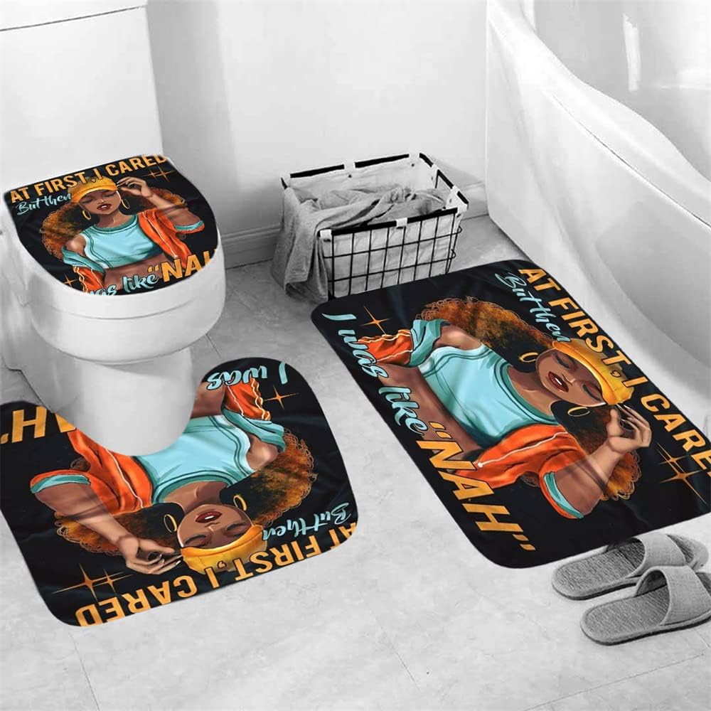 African Shower Curtains for Bathroom Unique Bathroom Sets with 12 Hooks,Bath Mat,Toilet Lid Cover Shower Curtain Sets with Rugs Mo Black Girl in Hat
