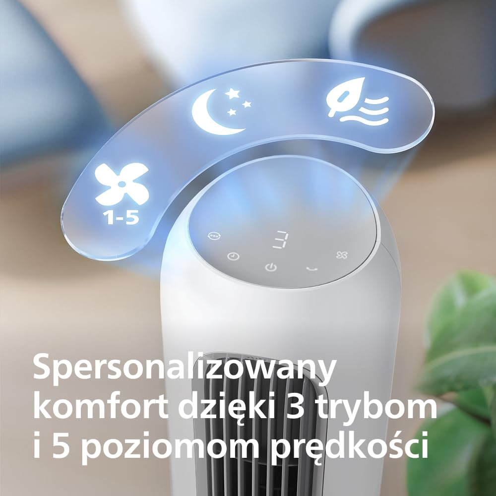 Philips Wentylator kolumnowy serii 5000. Mocny 8,1 m/s, a jednocześnie ultracichy 24 dB(A), niskie zużycie energii, 5 ustawień prędkości, tryb nocny, timer do 9 godz., oscylacja 80° (CX5550/00)