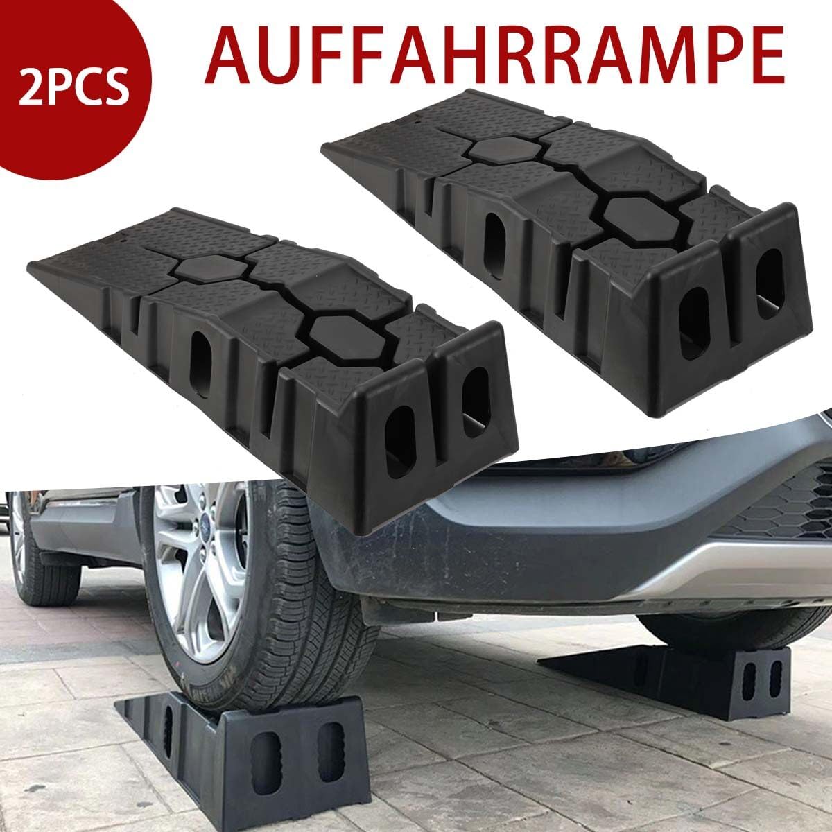 Auffahrrampe 2 Stück Set PKW Auffahrrampen Auffahrkeile für Wohnmobil Fahrzeuge, Hebebühne Kunststoff KFZ PKW Rampe Auto
