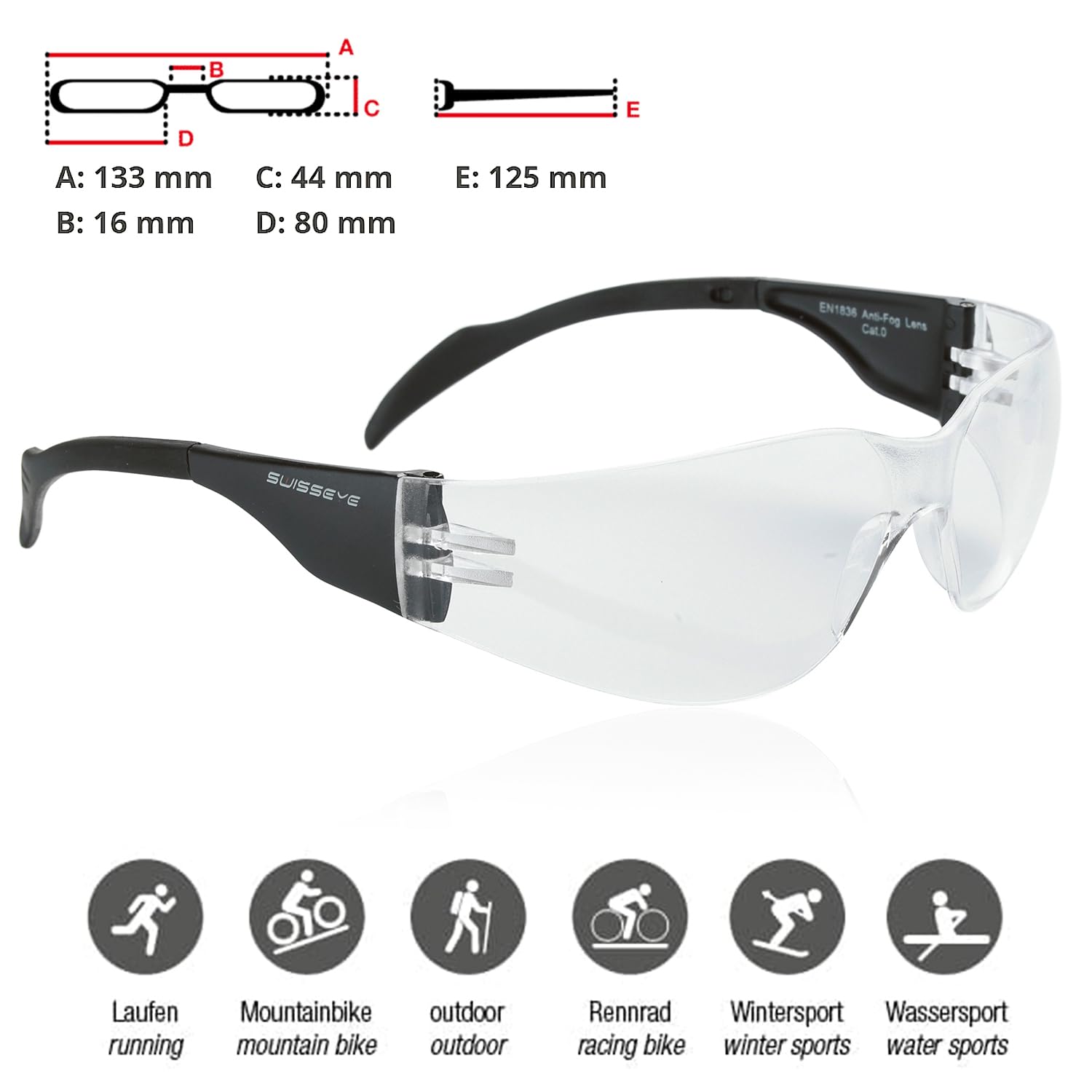 SWISSEYE Outbreak S Sportbrille für schmale Gesichter (100% UVA-, UVB- und UVC-Schutz, minimales Gewicht, splitterfreies Fassungsmaterial PC, Polycarbonatscheibe, inkl. Mikrofaserbeutel), Schwarz